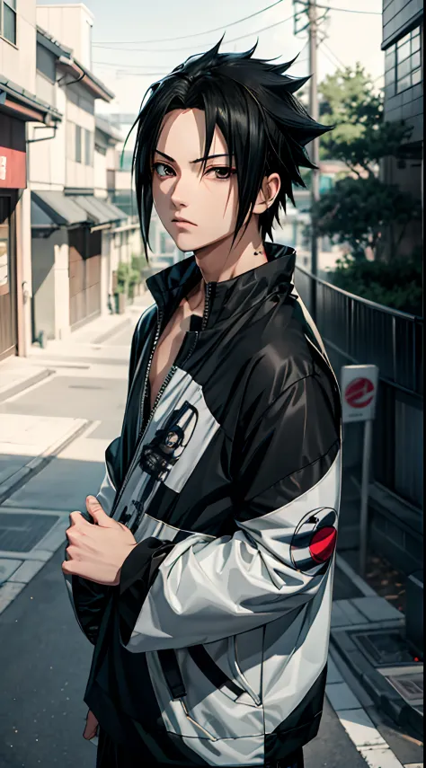 Masterpiece, 1boy, Superb Style, Urban Streetwear chothes, Outdoor, Upper Body, Uchiha Sasuke, bright eyes, black hair, cool boy