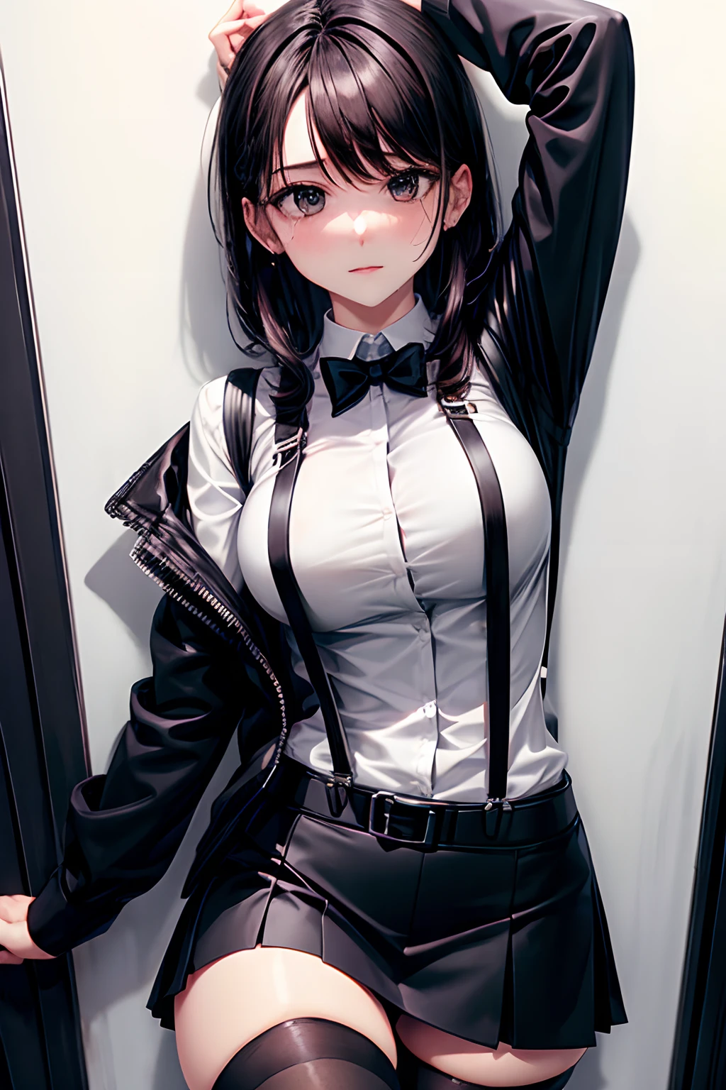 Suit,Collared shirt,Belt bag,Suspenders black mini skirt　garterbelts　knee high　Stockings　Black Niso　Colorcon armpit sweat　perspiring　Side of both hands,Black jacket,Gaze,ample bosom,Armpit sweat,Exposing the armpits"Pichi Pichi clothes