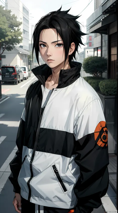 Masterpiece, 1boy, Superb Style, Urban Streetwear chothes, Outdoor, Upper Body, Uchiha Sasuke, bright eyes, black hair, cool boy