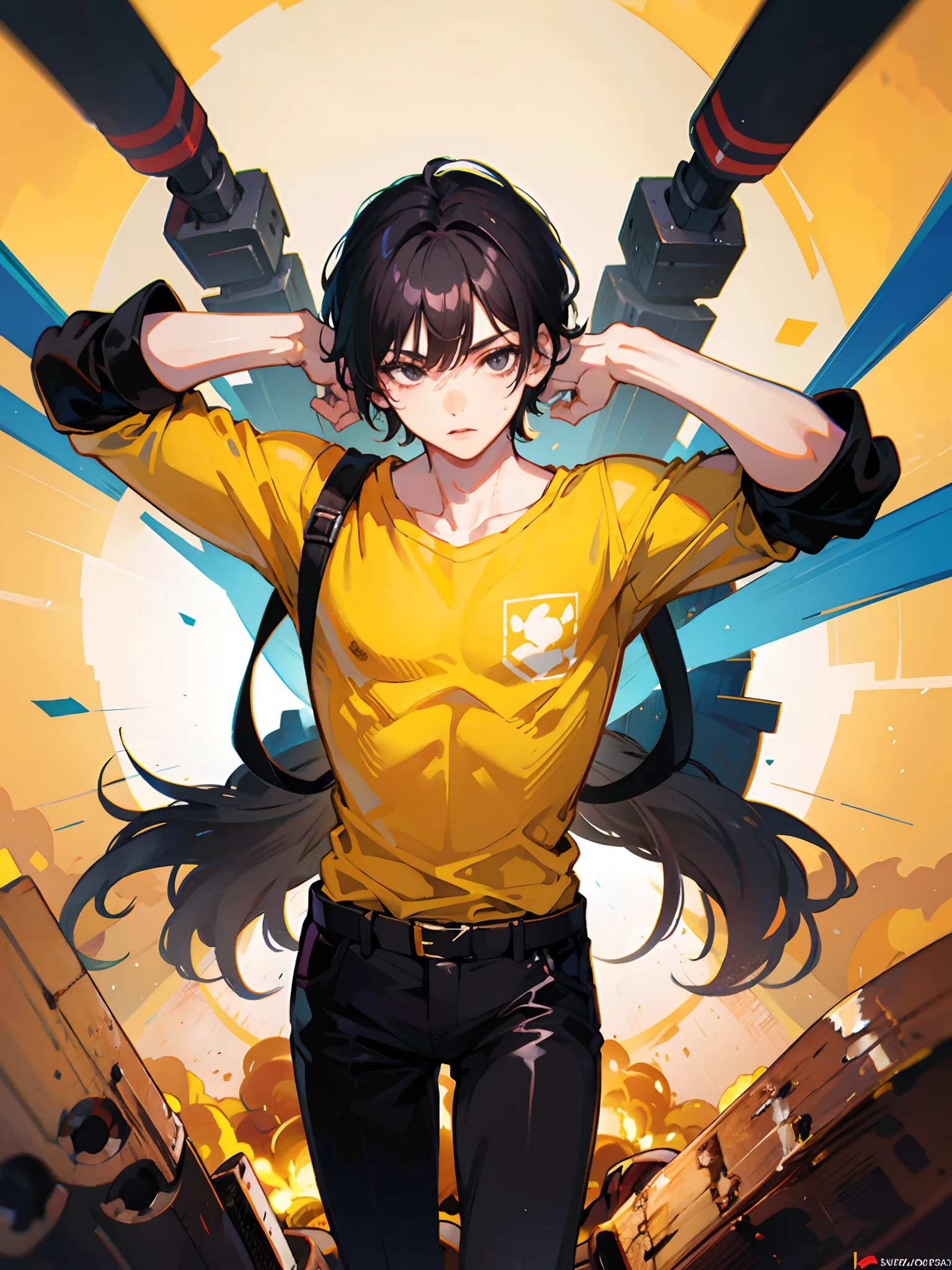 boy black pants yellow shirt black eyes black hair muscle