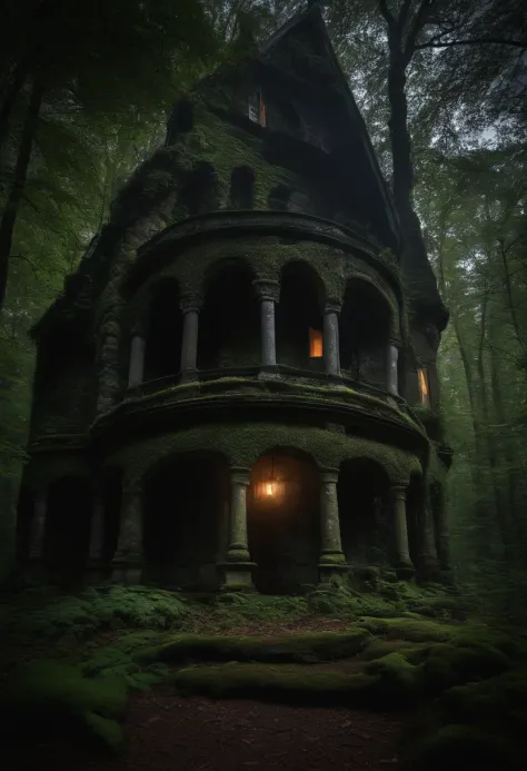 An eerie ghost house hidden in a dense, foggy forest, moonlight casting spooky shadows, a spectral figure floating near the entrance, the environment is overgrown with gnarled trees and mossy stones, Photography, with a wide-angle lens (35mm), capturing th...