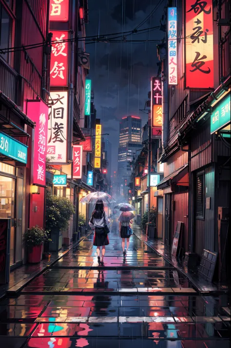 painting of a rainy time tokyo city, alleyway , beautiful scenery, rainfall,wet pavement ((glistening look)),hd, High quality, w...