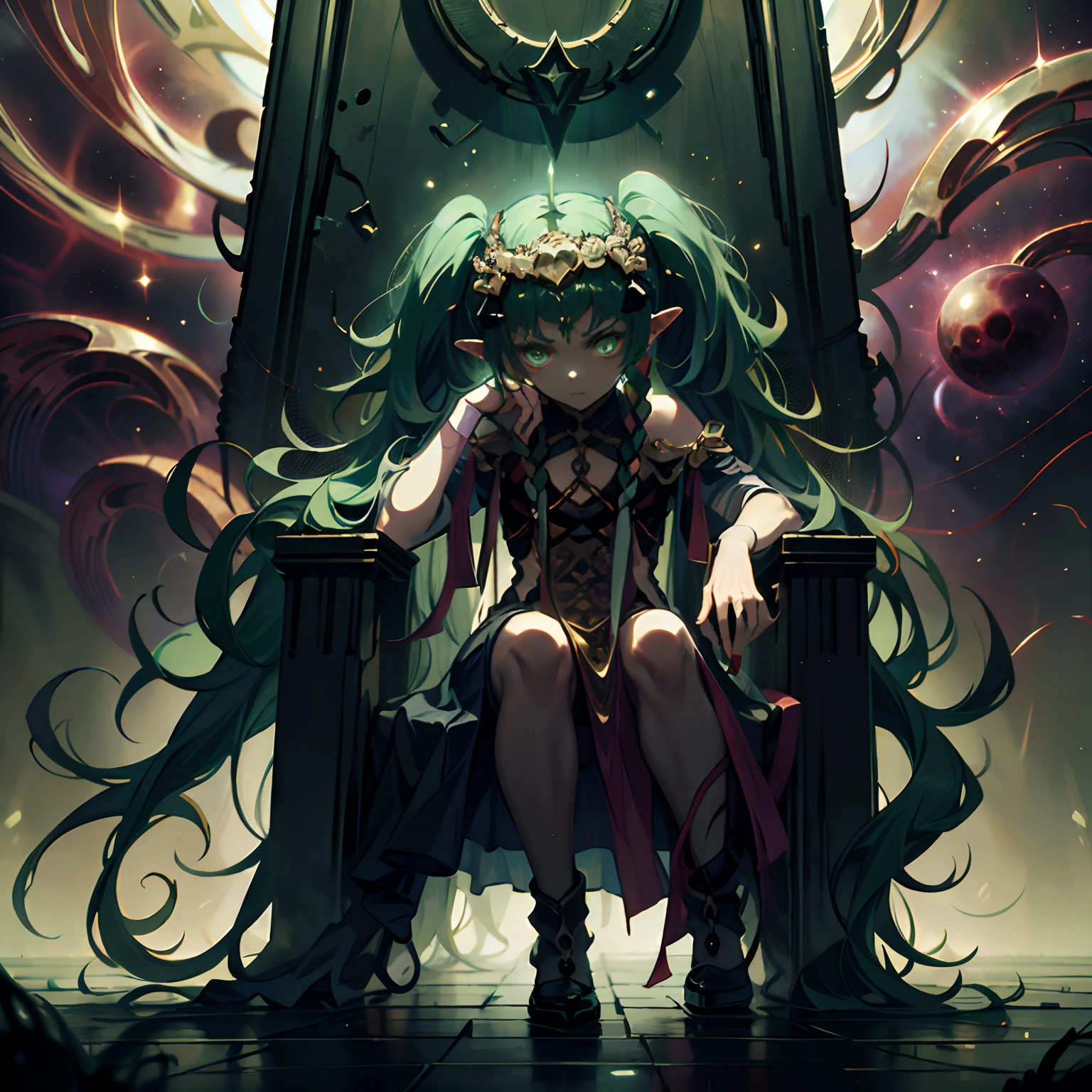 Sothis, Green twintails, serious face, eldritch, dark glow, sitting on a stome throne, glowing eyes, eldritchtech
cosmic, dark energy