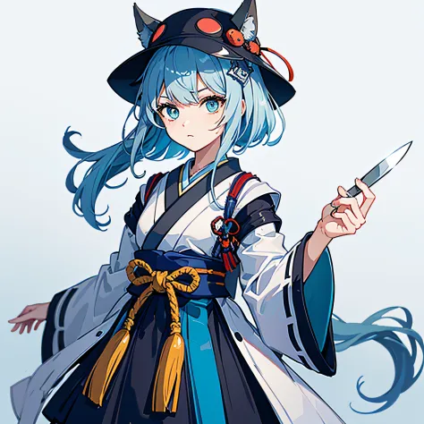 Illustration art style，machine girl，Blue-white color scheme，Samurai of Japan，Double knife，Heterochromic pupils，bucket-hat，No clo...