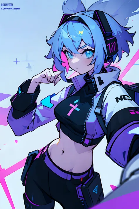 A futuristic vocaloid inspired wolf girl. She is wearing a y2k grunge inspired outfit and a white and black cross sports bra wit...