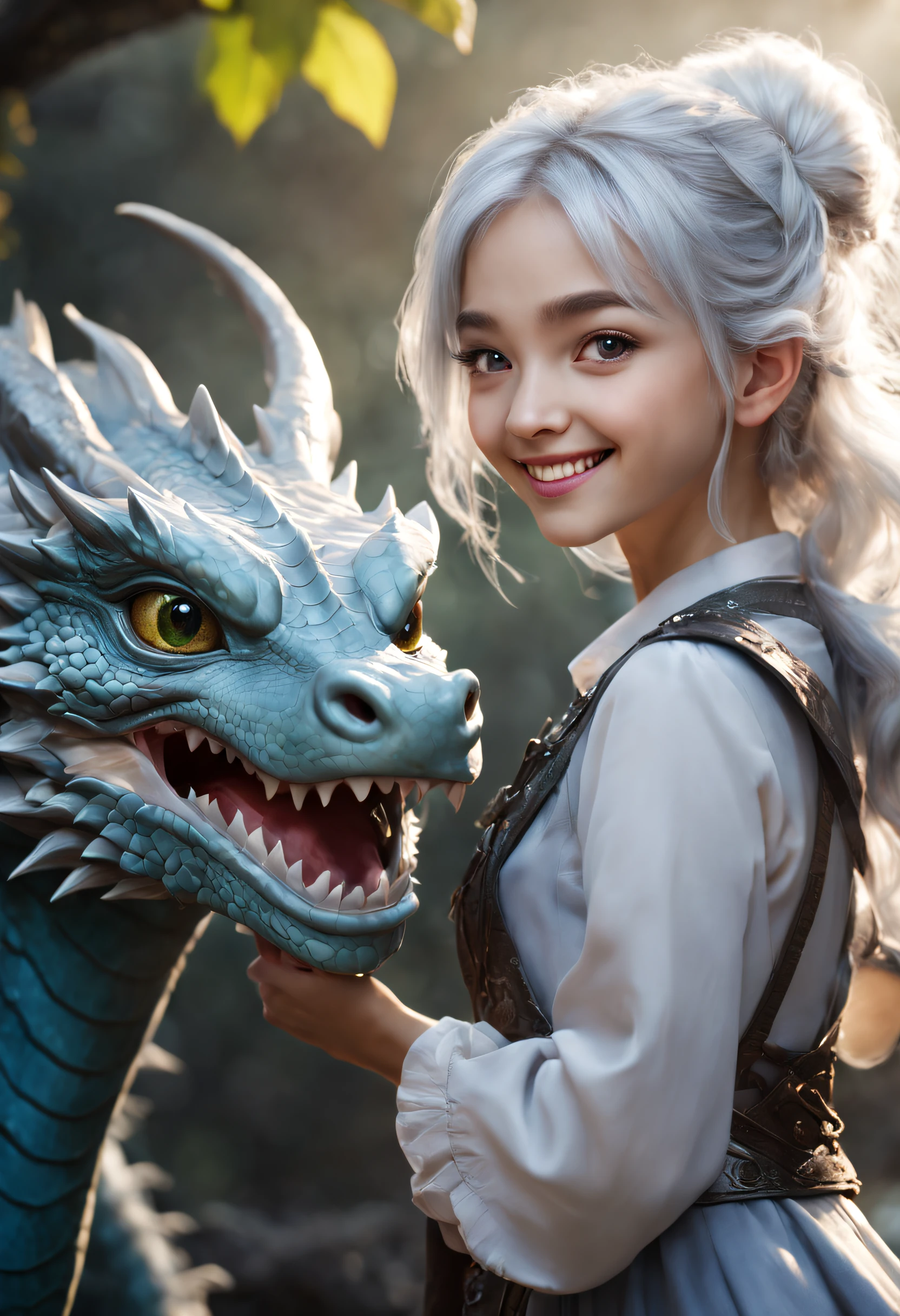 Beautiful 8K Ultra HD professional photos, Sharp focus, In a stunning fantasy world, Cute silver-haired girl and mysterious 1 dragon, A joyful smile, In bright natural light