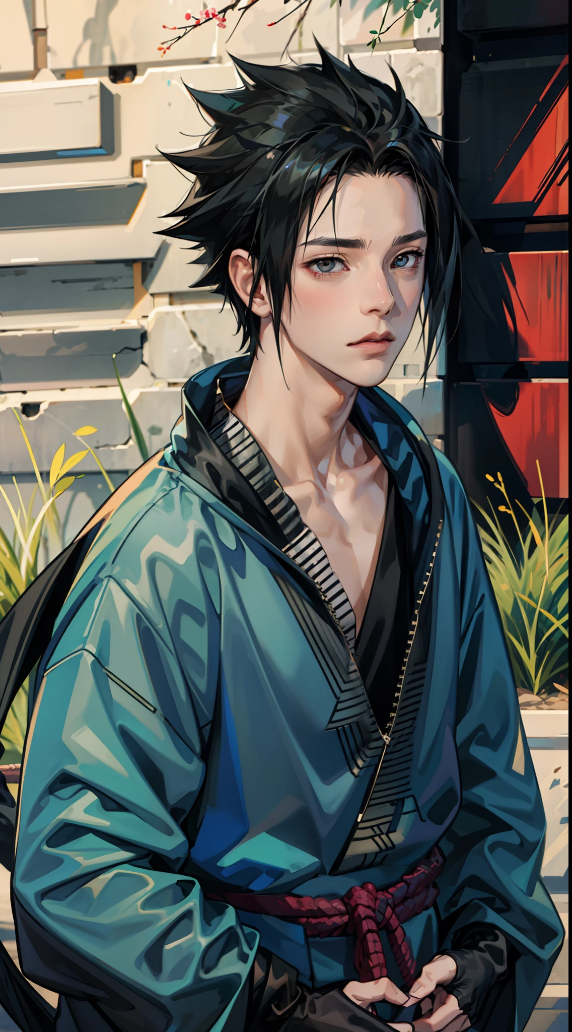 傑作, 1人の男の子, 素晴らしいスタイル, アーバンストリートウェアの衣装, 屋外, 上半身, uchiha sasuke, 明るい目, 黒髪, かっこいい男の子