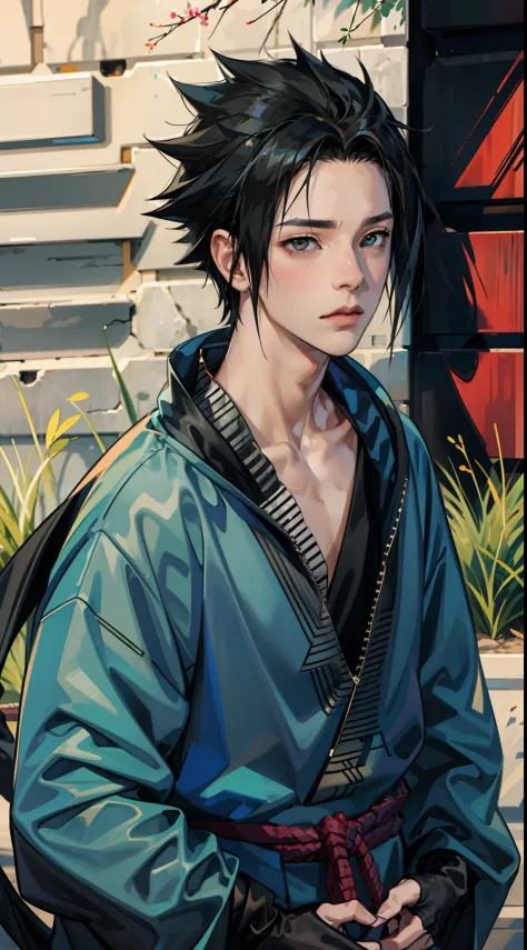 Masterpiece, 1boy, Superb Style, Urban Streetwear chothes, Outdoor, Upper Body, Uchiha Sasuke, bright eyes, black hair, cool boy