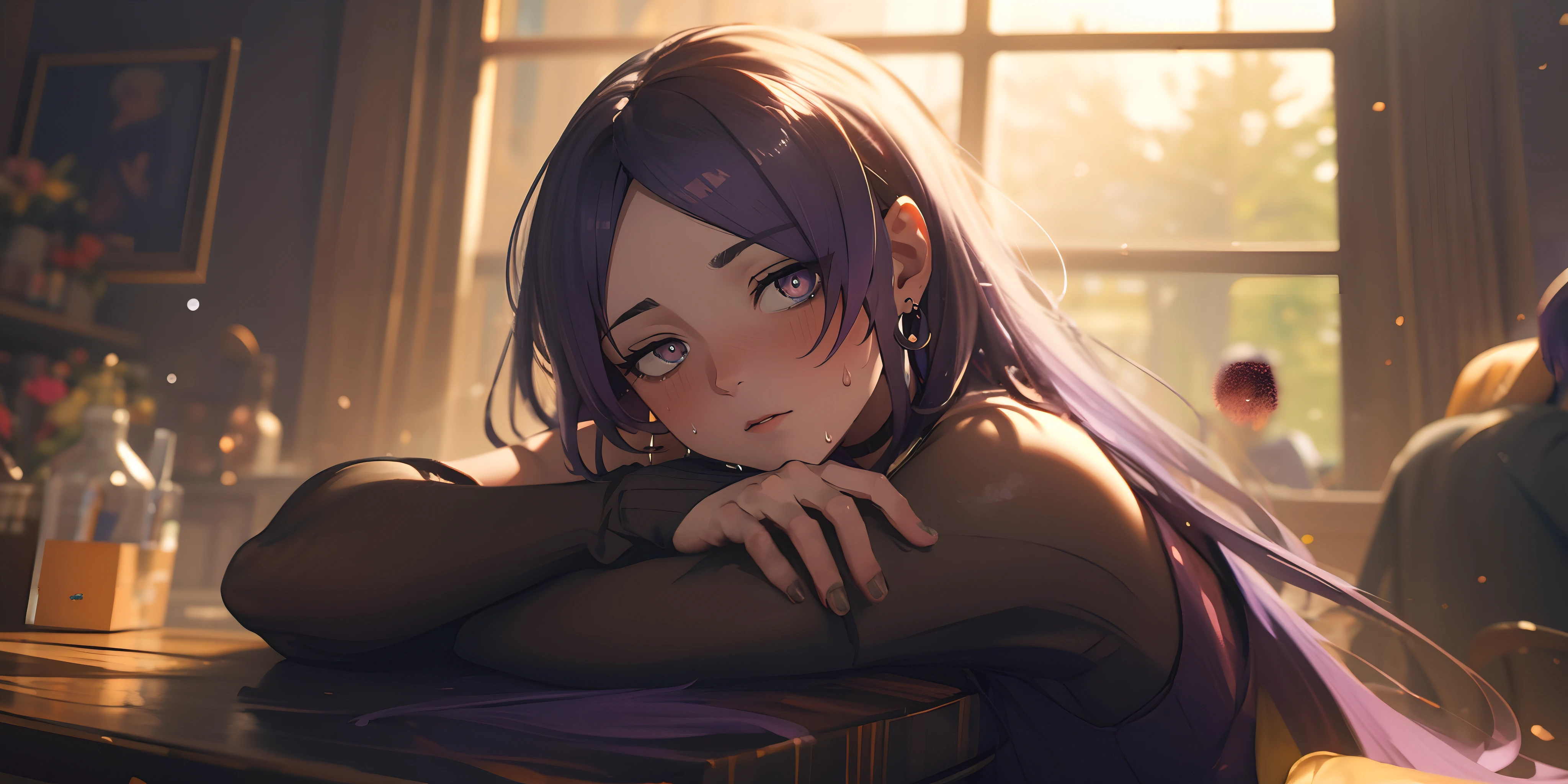 moona hoshinova, (long_hair, purple hair:1.6), multicolored hair, sweating, glowing eyes, heavy breathing, breasts, 1girl, solo, looking_at_viewer, sitting, indoors, skirt, night, long_sleeves, ass, medium_breasts, jewelry, thighs, dutch_angle, pantyhose, chair, window, leaning_forward, large_breasts, blush, "Photorealistic, Hyperrealistic, Hyperdetailed, analog style, soft lighting, subsurface scattering, realistic, heavy shadow, masterpiece, best quality, ultra realistic, 8k, golden ratio, Intricate, High Detail, film photography, soft focus", sweating, steaming body, fog, (3d, realistic:1.4)