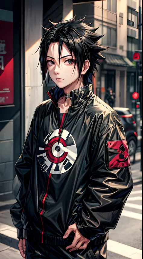 Masterpiece, 1boy, Superb Style, Urban Streetwear chothes, Outdoor, Upper Body, Uchiha Sasuke, bright eyes, black hair, cool boy