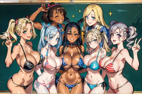 (masterpiece), maximum quality, (traditional media, 80s:1.5), (eyelashes:1.5), (Colorful:1.1), (5 girls, group shot:1.4), (slim body:1.1), (huge tits:1.5), (dark skin:1.1), (muscles:1.1), blonde hair, Silver hair, Twin tails, braid, forehead, (leaning forw...