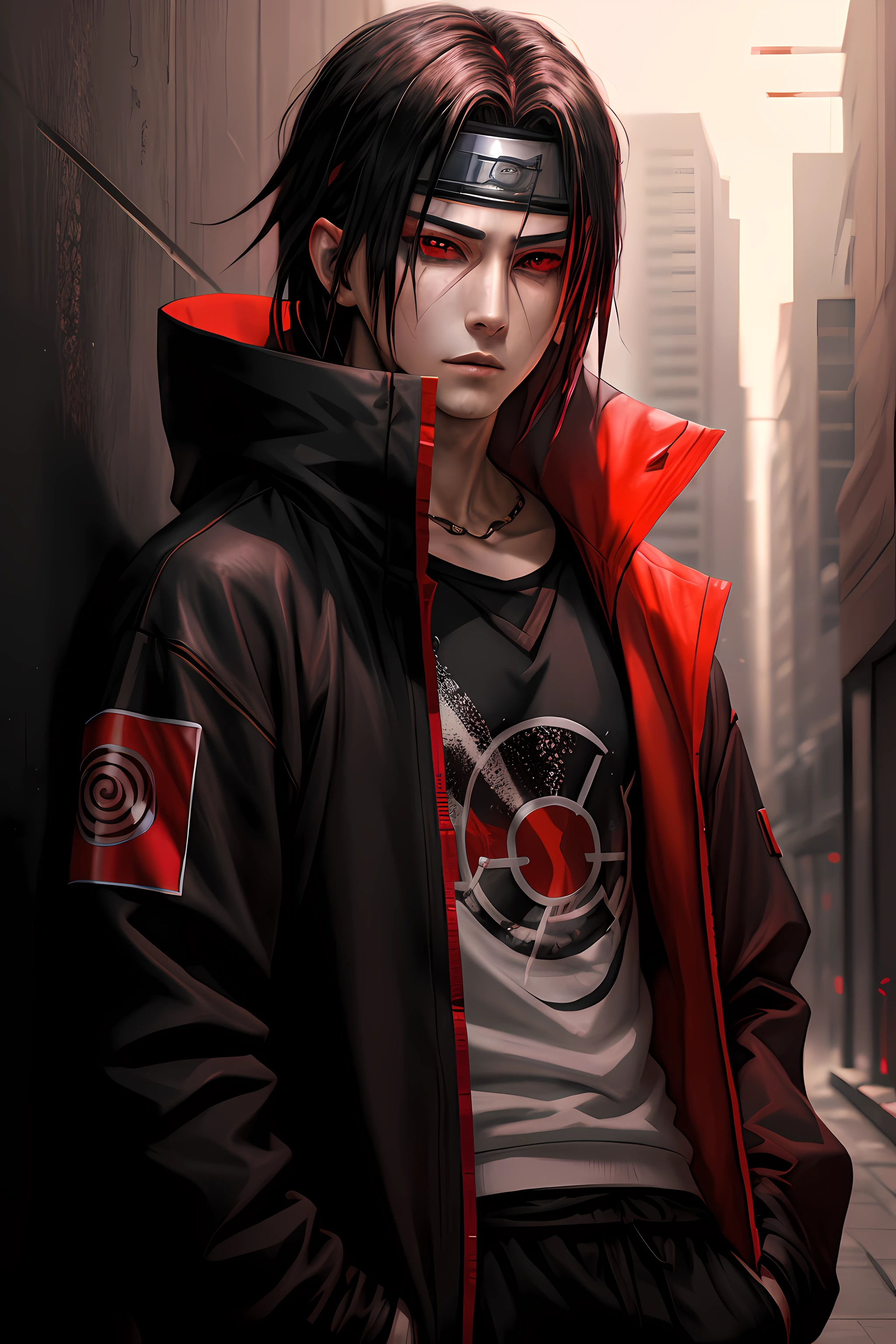 Uchiha Itachi, cyberpunk style, 1boy, red eyes, male focus, solo, simple background, upper body, looking at viewer, Streetwear clothes,