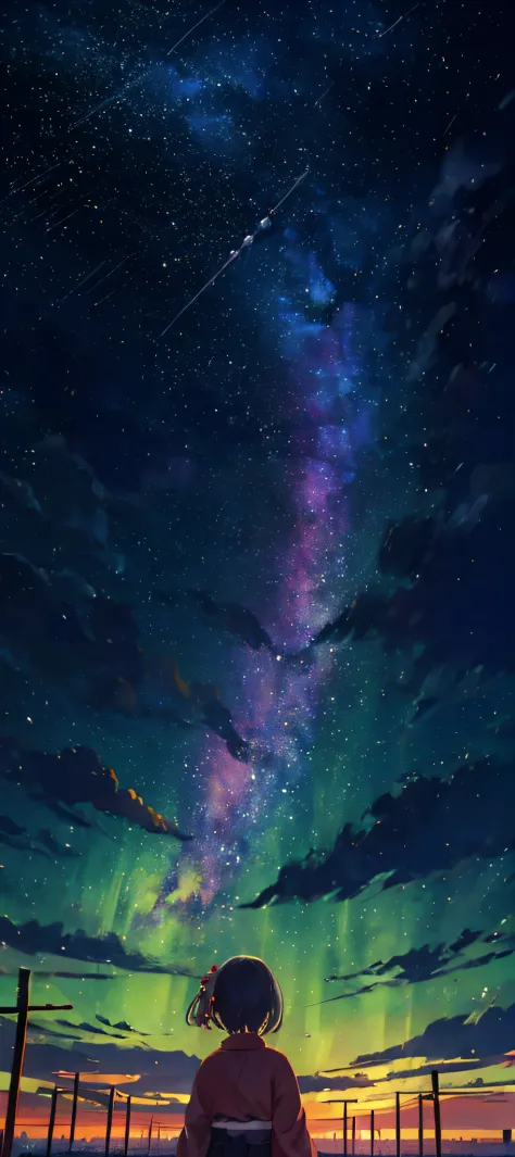 1girl, a distant girl in a kimono staring at the stars, (zoomed out: 1.1), (meteor shower: 1.2), (comet: 1.1), your name, low angle, from behind, northern lights, shooting stars, yukata, red kimono, cherry blossoms, Standing in the field, best quality, mas...