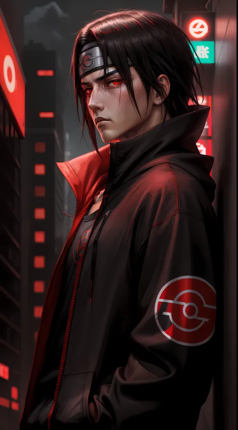 Masterpiece, Uchiha Itachi, cyberpunk style, 1boy, red eyes, male focus, solo, simple background, upper body, looking at viewer,...