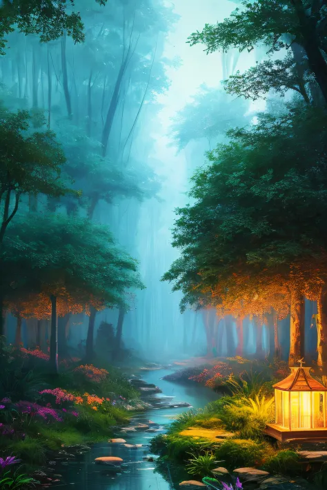 masterpiece, best quality, high quality,extremely detailed CG unity 8k wallpaper, An enchanting and dreamy scene of a jungle at night in the dark, with towering trees, mist, and hidden animal eyes, creating a sense of mystery and warmth, artstation, digita...