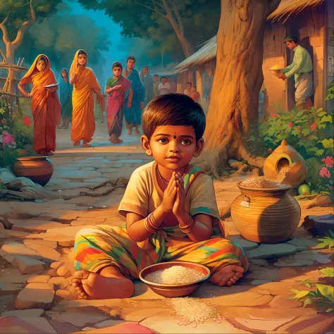 a painting of a boy sitting on the ground with a bowl of rice, by Saurabh Jethani, a beautiful artwork illustration, on an india...