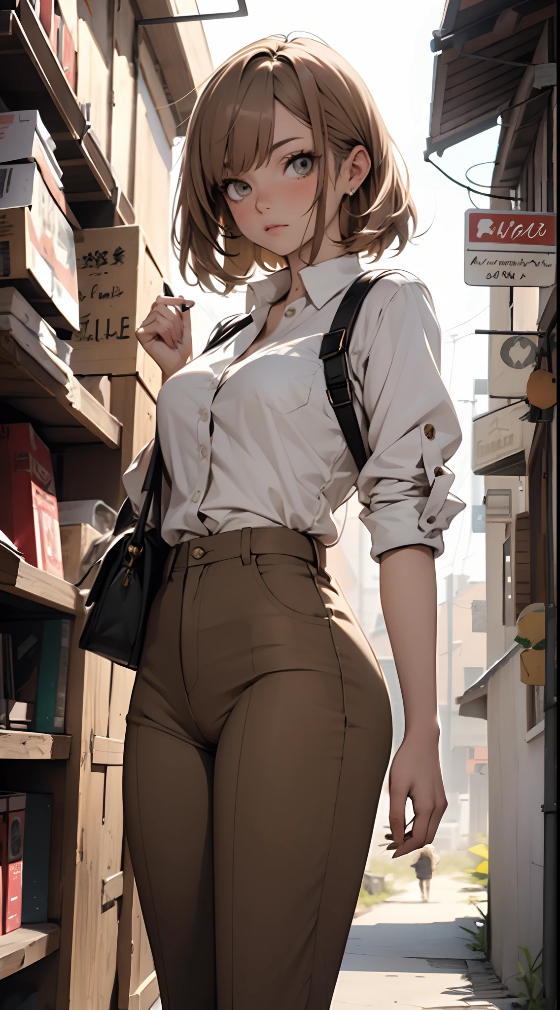 Light brown haired girl, with pants with drawings of eyes, masterpiece, very detailed