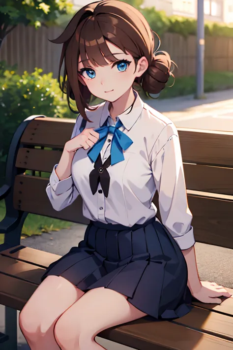 young woman, school uniform, 2d anime, pastel colours, sitting on bench, long light brown hair, blue eyes, winking