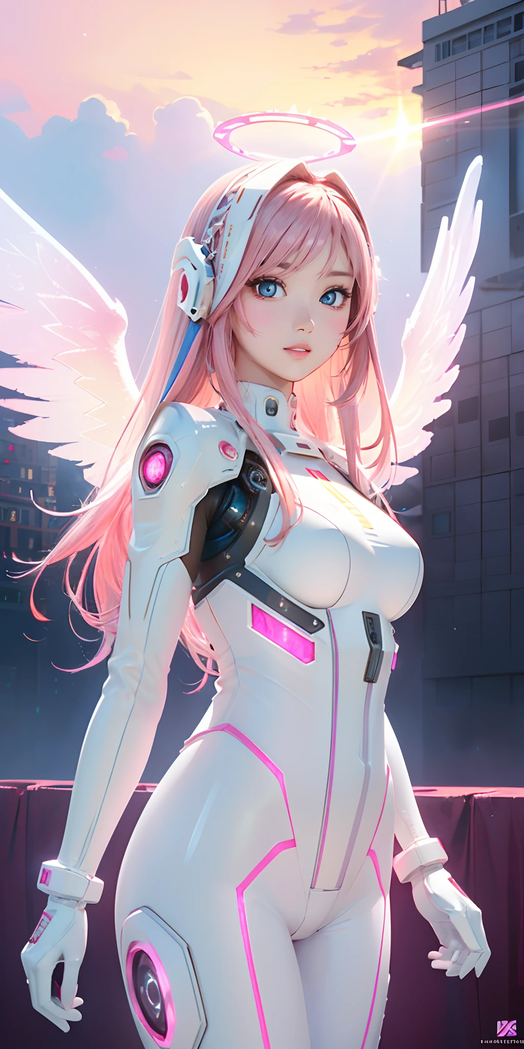 ((masterpiece, best quality, extremely detailed), volumetric lighting, ambient occlusion, colorful, glowing), 
1girl, solo, young girl, (pink hair), long hair, halo, aura, sacred, godness, cyber suit, (white outfit:1.3), android, bot, angel wings,
outdoors, sunset, sky, clouds, space, (cyberpunk theme:1.2),