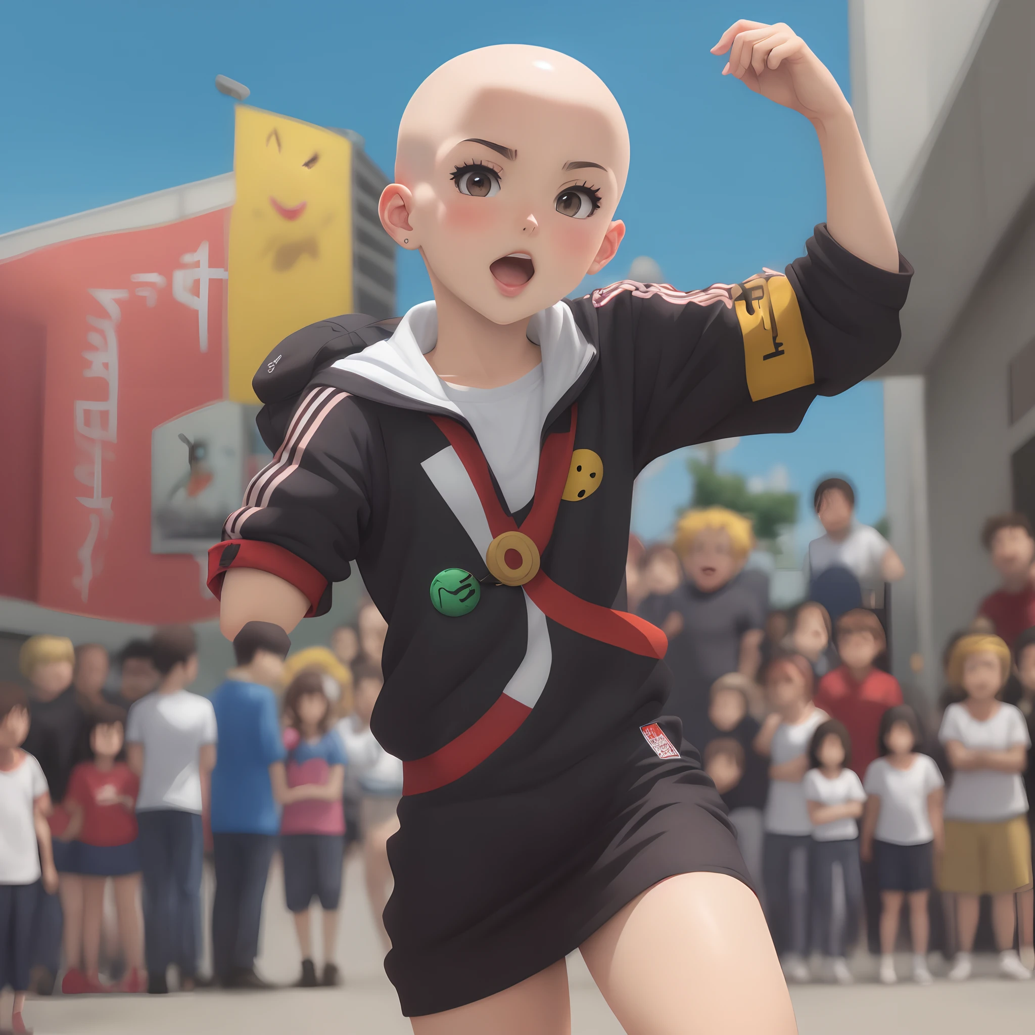 Anime character in a school uniform with a crowd of people in the  background - SeaArt AI