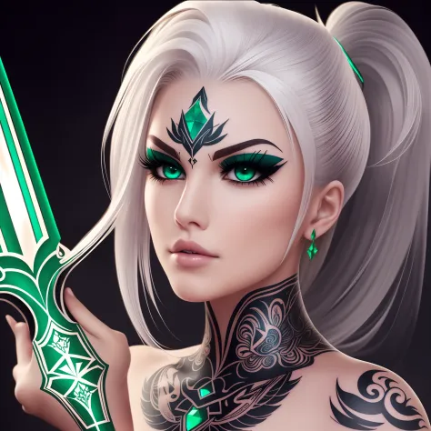 silver hair emerald  eye warrior high warlock female tattoo high cheekbone strong expression angelic quality --auto --s2
