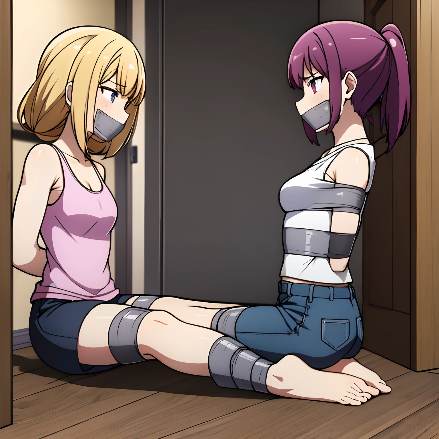 Two anime girls sitting on the floor with their mouths open - SeaArt AI