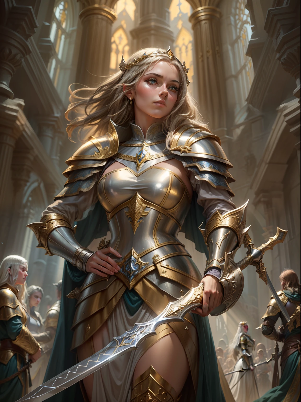 Look from the bottom up，low  angle shot，Highly detailed portrait of Paladin Guinevere，Wear armor，shelmet，epee，big sword，Cross sword，sword，Silvertone，holy rays，god light，medieval times，Noble，setia，Servant of Jesus，Solemn，Gold accents，epic fantasy digital art，devout，Victorian style，tmasterpiece，8K，high definition resolution，Detailed detail drawing，high qulity，Inspiration came from Guinevere，author:John Collier，detailed fantasy art, Fantasy cosplay portrait, Fantasy art Behance