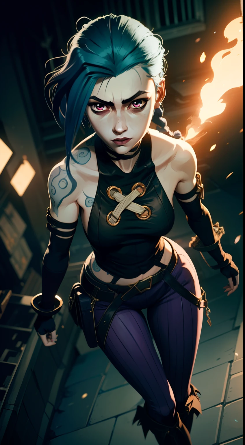 Overhead view, The camera looks at Jinx from above, Like in a computer game, Jinx's character design, Dynamic movements, Standing Half-Sideways, stands on the edge of the roof, Fantasy City, City of Piltover, the night, explosions, fire, Smoke, sparks, Purple Flashes, sexypose, Beautiful figure, Arcane's Jinx, Bright blue and purple sparks all around, glowing eyes, Pink glowing eyes, hairlong, hairsh, braided into long braids, Pigtails hang below the knee, Hair color changes from bright blue to navy blue, Dressed in brown breeches, Leather boots on the feet, Top with four gold circles on the chest in the middle of the chest, Blue cloud tattoos on shoulders and waist, Long bangs, hanging on the right side, Belt with cartridges on the belt, Arcane style, extremely detailed CG unity 8k wallpaper, detailed light, Cinematic lighting, chromatic aberration, glittering, expressionless, epic composition, dark in the background, Cherecter Desing, Very detailed, Detailed body, Vibrants, Detailed Face, sharp-focus, anime art, Vibrants, Detailed Face, Hugh Details, sharp-focus, Very drooping face, A detailed eye, super fine illustration, better shadow, finely detail, Beautiful detailed glow, Beautiful detailed, Extremely detailed, expressionless, epic composition,
