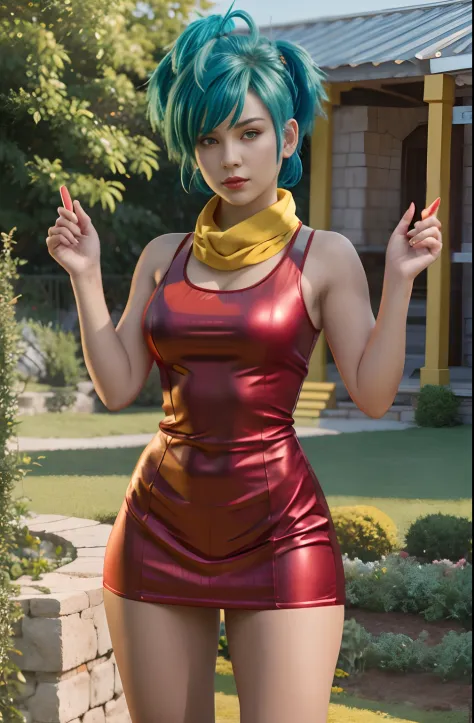 best quality, masterpiece, 8K, Bulma from dbz in a red dress blue short hair and yellow scarf, garden background