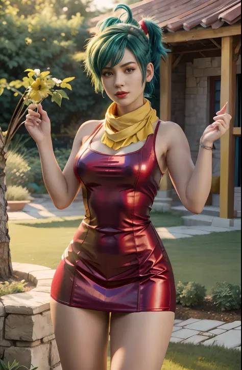 best quality, masterpiece, 8K, Bulma from dbz in a red dress blue short hair and yellow scarf, garden background