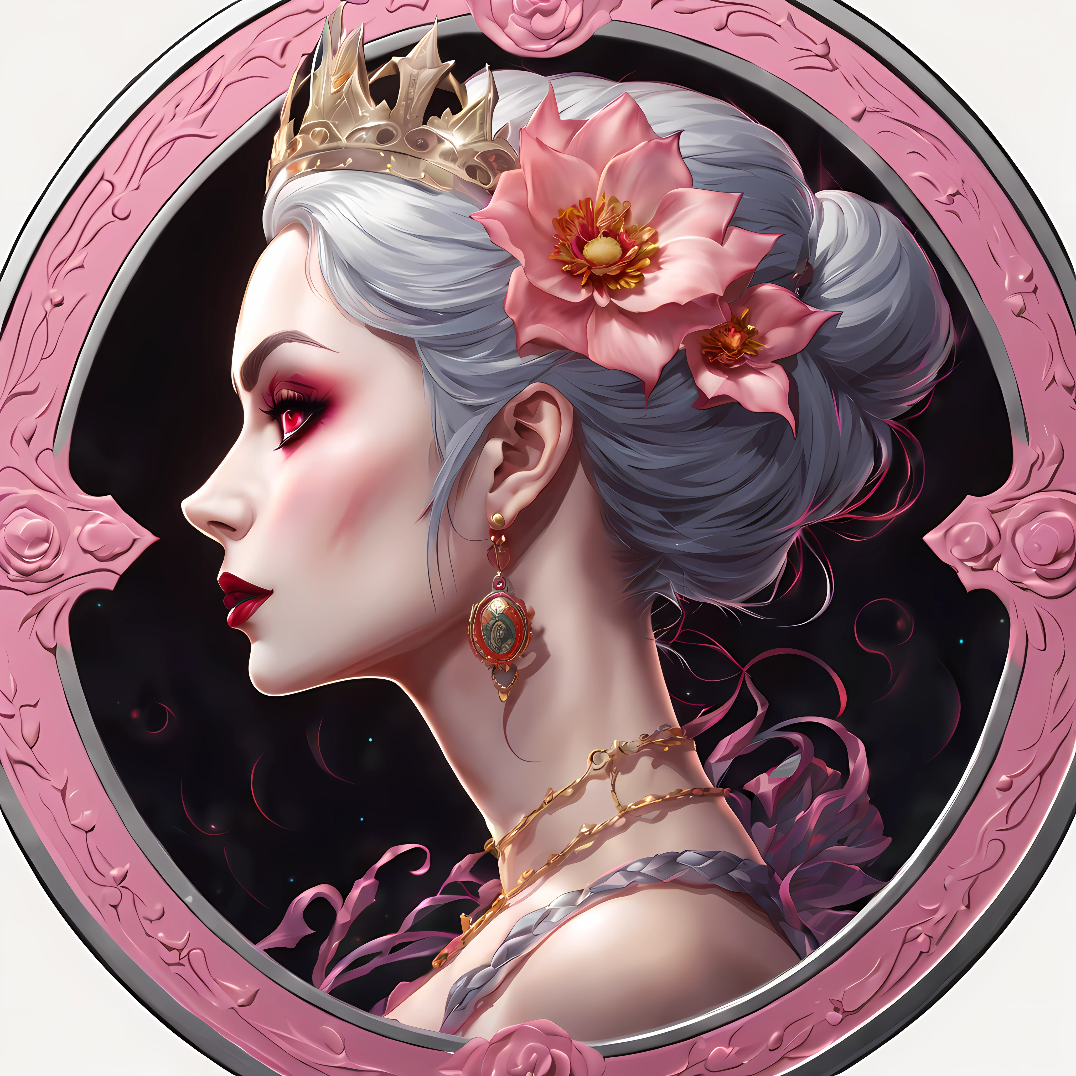 (2D colorful anime style of a silver coin), full shot from above, (evil vampire queen's profile:1.3), on an elegant golden coin, gothic details, pink petals