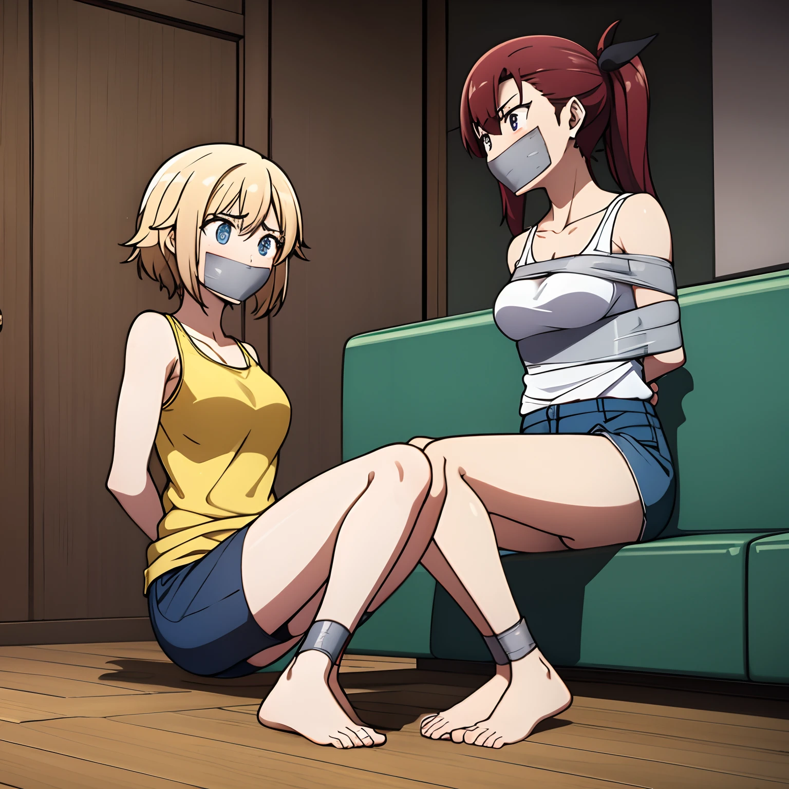 Two anime girls sitting on a couch with a mask on - SeaArt AI