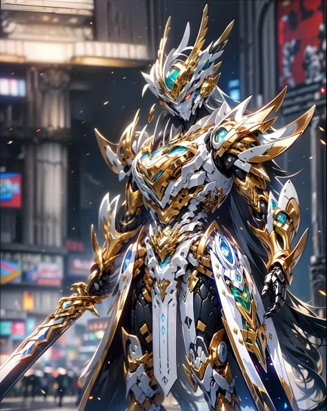 super wide shot, Full body frontal photo,Mecha male warrior， Jade Emperor style,《The mech colors are gold and silver-white》，（《Ho...