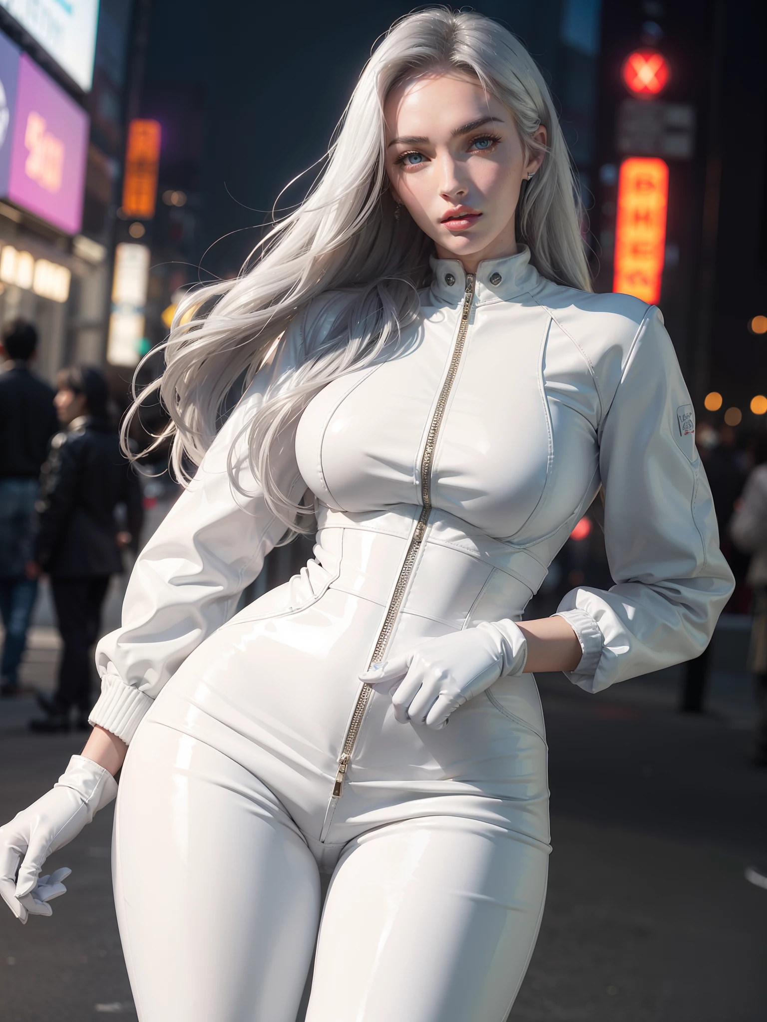 A woman in a white latex outfit is walking down the street - SeaArt AI