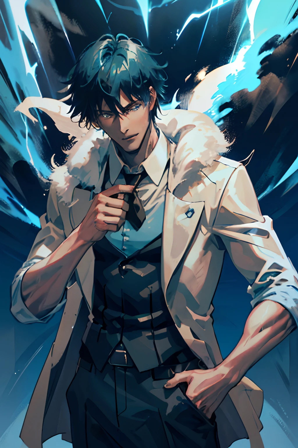 Tall muscular slim physique man, shoulder length messy blue hair with white markings, glowing blue cracks on skin, wearing a long brown duster coat, brown pants, white shirt, black suit tie, fancy, glowing blue eyes, surrounded by lightning sparks, storm clouds above head, in heaven, muscular male, Toji Fushigoro, Fushigoro Toji, Gojo, Satoru, Satoru Gojo, Gojo Satoru, mostly brown clothing, handsome, Almighty, powerful, cocky, arrogant facial expression