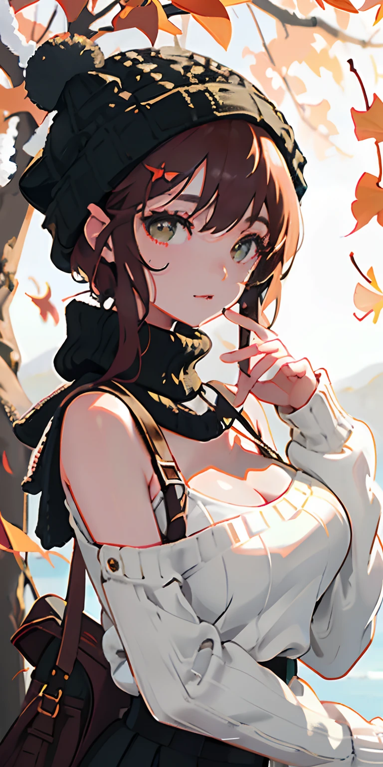 realisticlying、girl with、knit hat、Wearing a knitted sweater、Autumn leaves Autumn leaves、Beautiful ginkgo tree、Slightly larger breasts with an emphasis on cleavage、Sexy Posing、Nature views