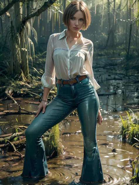 (Best Quality,hight resolution:1.3),(Flared jeans:1.4), (covered with swamp mud:1.3),The woman,Pronounced wrinkles,Bob haircut,D...