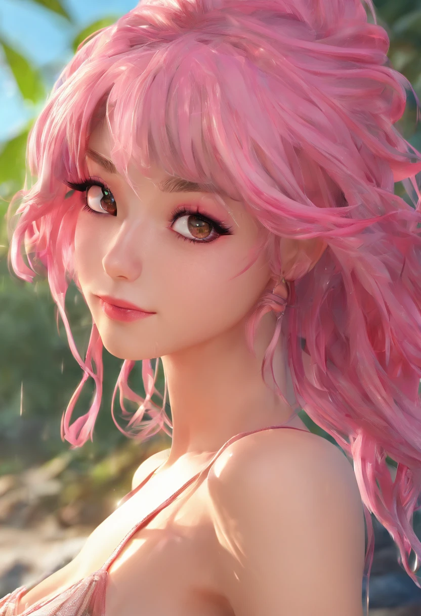 The woman, One, 18 years, seductive smirk, pink hair, messy  hair, suntanned skin, oiled skin, natutal breasts, Skinny hips, Lake, woods, style anime, Concept art in 16K resolution, Highly detailed face, Highly detailed eyes, Intricate details of the drawing, dinamic lighting, Filmic, 3D затенение, Perfect, Smooth, Deep color, natural lightin, Beautiful composition, 가슴, Topless, nipples,