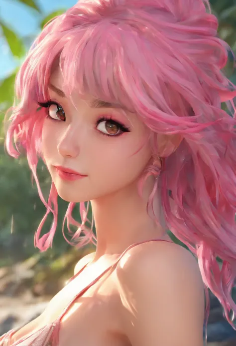 The woman, One, 18 years, seductive smirk, pink hair, messy  hair, suntanned skin, oiled skin, natutal breasts, Skinny hips, Lake, woods, style anime, Concept art in 16K resolution, Highly detailed face, Highly detailed eyes, Intricate details of the drawi...
