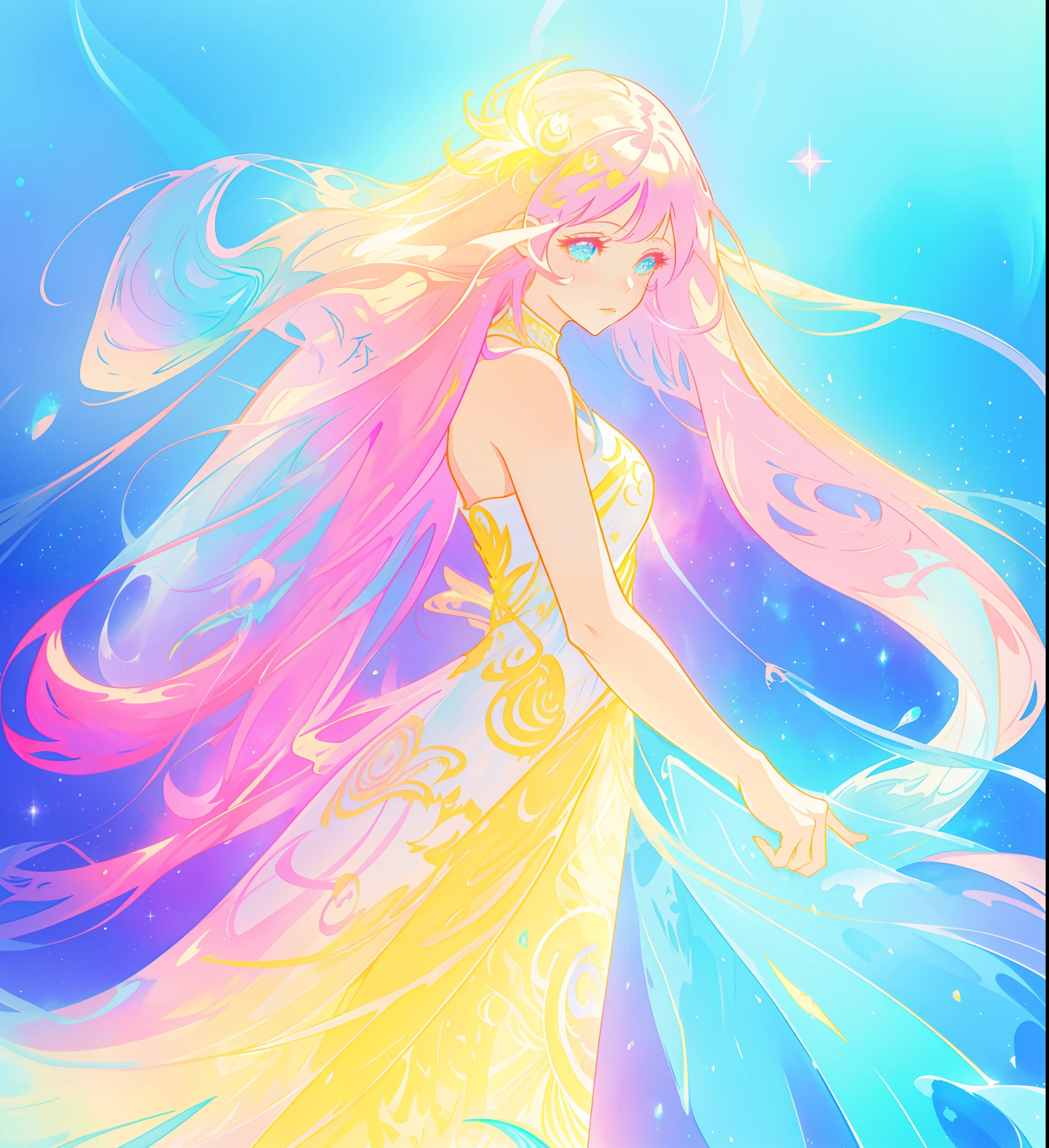 beautiful girl, flowing liquid colorful dress, vibrant pastel colors, (colorful), long flowing colorful hair, magical lights, sparkling magical liquid, inspired by Glen Keane, inspired by Lois van Baarle, disney art style, by Lois van Baarle, glowing aura around her, by Glen Keane, jen bartel, glowing lights! digital painting, flowing glowing hair, glowing flowing hair, beautiful digital illustration, fantasia background, whimsical, magical, fantasy, ((beautiful face)), ((masterpiece, best quality)), intricate details, highly detailed, sharp focus, 8k resolution, sparkling detailed eyes, liquid watercolor