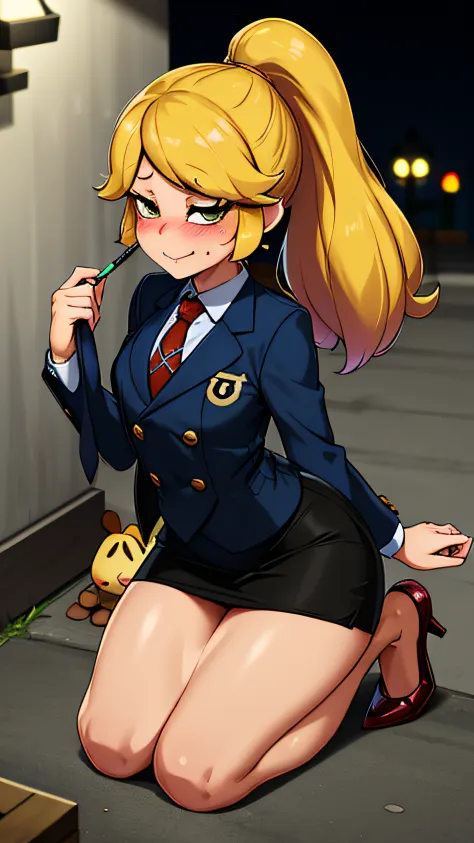 (isabelle \(animal crossing\):1.1), (masterpiece, best quality:1.2), 1girl, solo, medium breasts, coral eyes, looking afar, navy pinstripe skirt suit, (((three-piece suit))), dress shirt, (((necktie))), blazer, suit jacket, (((waistcoat))), double-breasted...