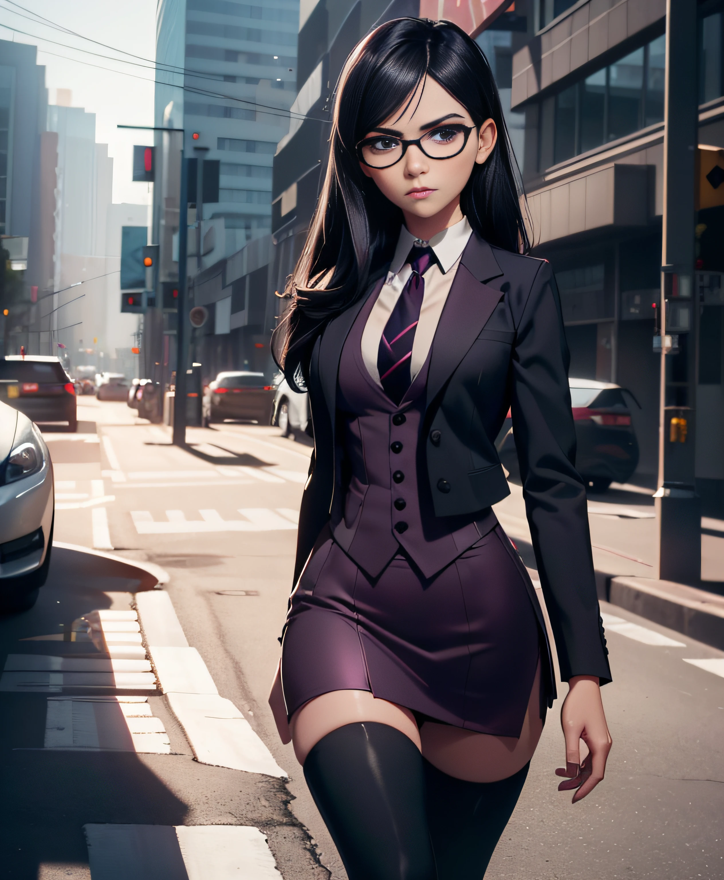 The generated prompt can be："violet parr,skirt suit, (((three-piece suit))), dress shirt, (((necktie))), blazer, suit jacket, (((waistcoat))), double-breasted waistcoat, (((bodycon miniskirt))), pencil skirt,,long black hair,vivid purple eyes,smoky makeup,(best quality,4k,8k,highres,masterpiece:1.2),ultra-detailed,(realistic,photorealistic,photo-realistic:1.37),portrait,dark and moody lighting,vivid color grading, sexy face, blushing, oiled up, nsfw, ,