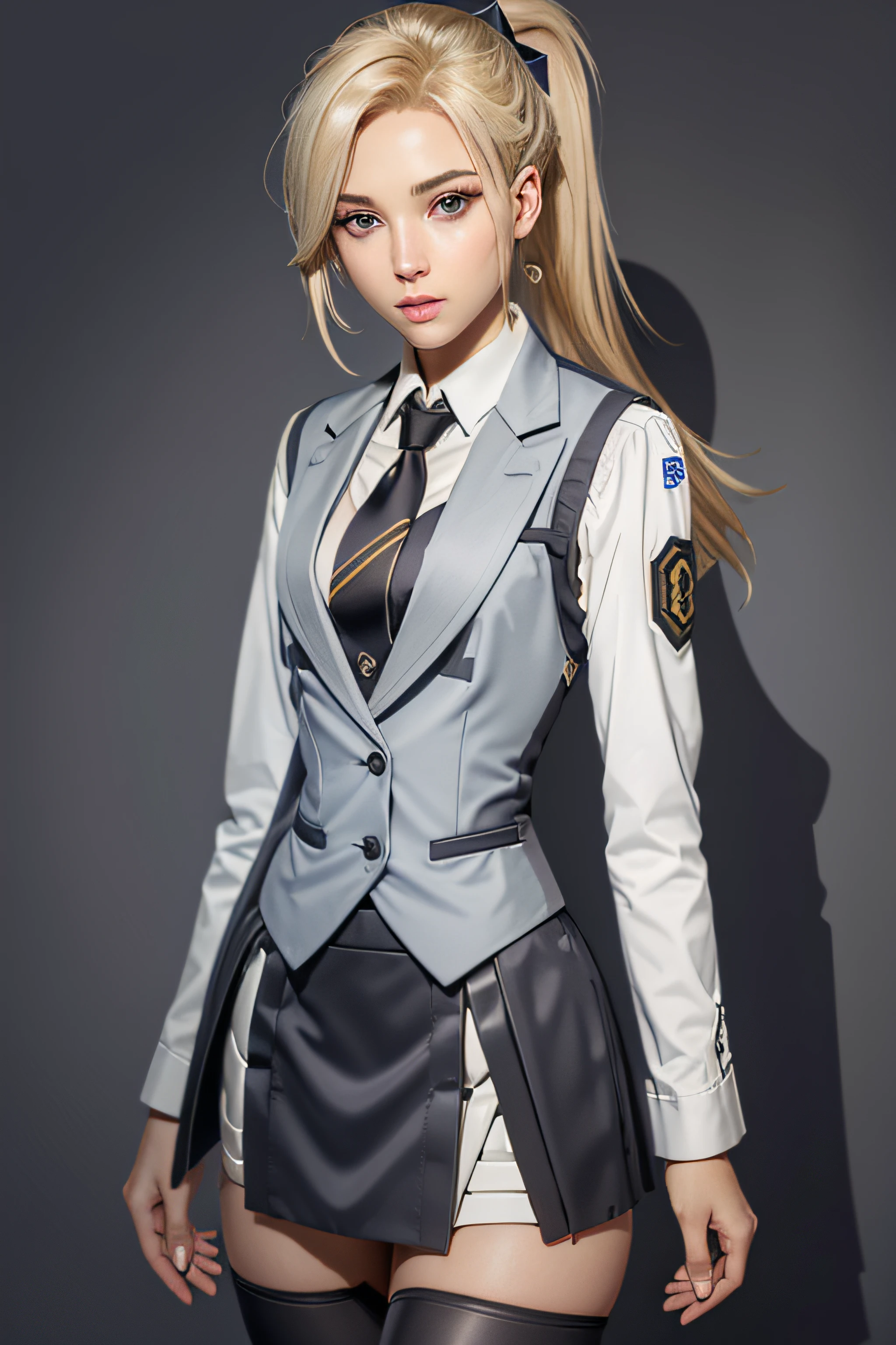 MercyOver, 1girl, mercy (overwatch), (((skirt suit))), (((three-piece suit))), dress shirt, (((necktie))), (((blazer))), (((suit jacket))), (((waistcoat))), double-breasted waistcoat, (((bodycon miniskirt))), (((pencil skirt))), solo, blonde hair, blue eyes, upper body, lips, looking at viewer, nose, high ponytail, ponytail