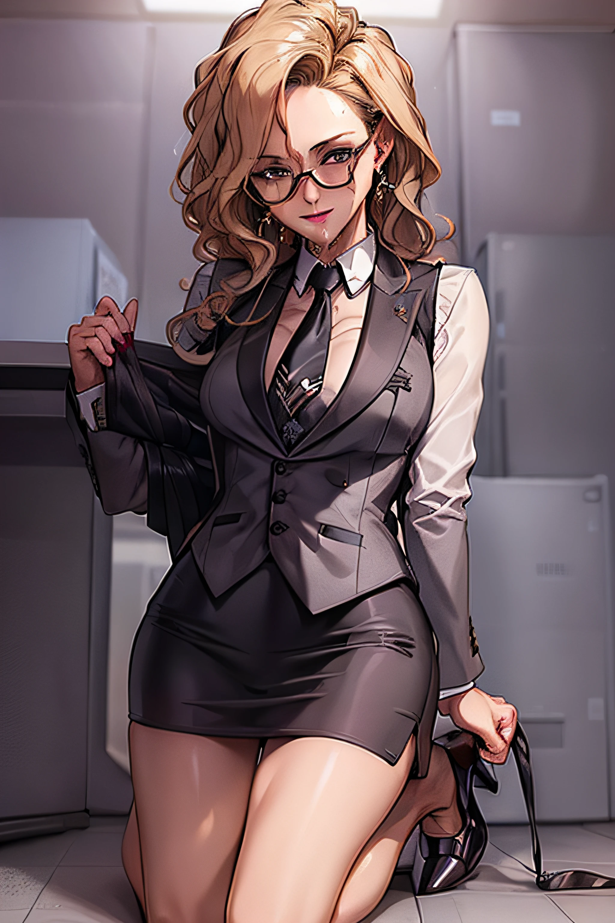 (Masterpiece, Best Quality, High Quality:1.4), professional artwork, well drawn, Intricate Details, field of view, sharp focus, detailed painting, masterpiece, cinematic lighting, trending on pixiv, vivid lighting, vibrant colors, by by Nagasawa Rosetsu,
MadamePresident, mature female, milf, kneeling, , office background, afternoon, full body shot,
blonde hair, long hair, wavy hair, lipstick, makeup, ultra detail hair, ultra detail face, perfect eyes, perfect face, earring, brown eyes, Looking at Viewer, flirting, smiling,
grey skirt suit, (((three-piece suit))), necktie, blazer, (((suit jacket))), (((waistcoat))), double-breasted waistcoat, (((miniskirt))), (((pencil skirt))), stockings, skirt, tie clip, pocket square, pantyhose, high heels, glasses, cufflinks,
red nails, nail polish, blowbang, multiple men, bukkake, kneeling, , , facial, cum, cum on face, cum drenched, , cum on clothes, penis, fully clothed