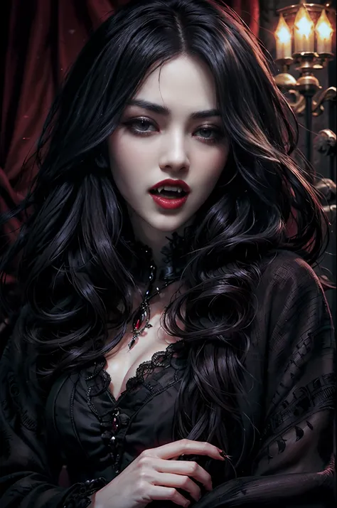 Close up, portrail of a beautiful lady vampires, open mouth showing ...