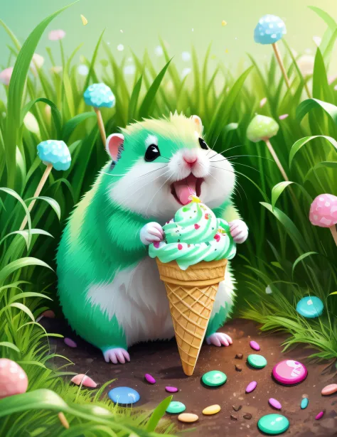 a hamster eating an ice cream cone in the grass, adorable digital painting, cute detailed digital art, 🐿🍸🍋, 3d render, cute artwork, pastel green color, yawning, candy growing in grass, sprinkles on ground, having a snack, stylized digital illustration