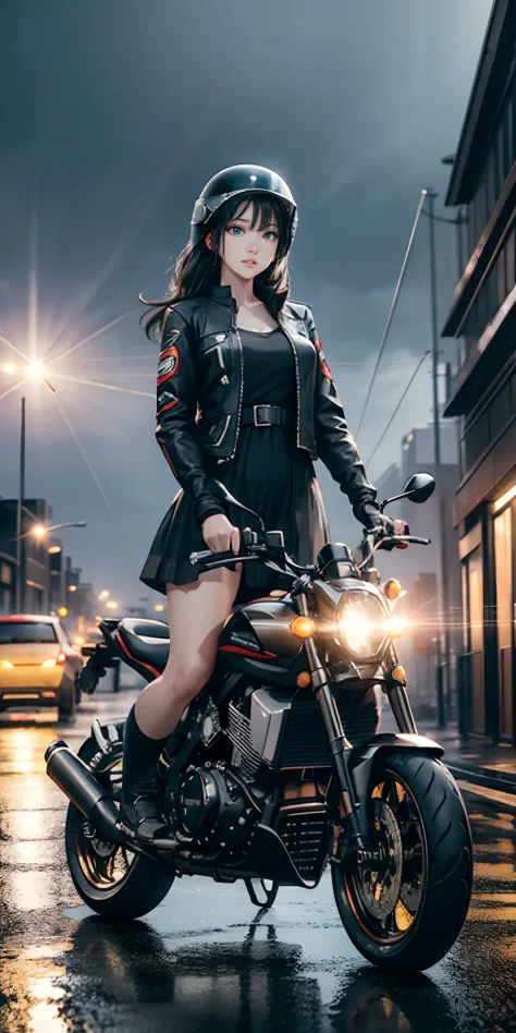 1girl, dress, jacket, rain, ground vehicle, helmet, mecha, motor vehicle, motorcycle, on motorcycle, vehicle focus, wheel, night...