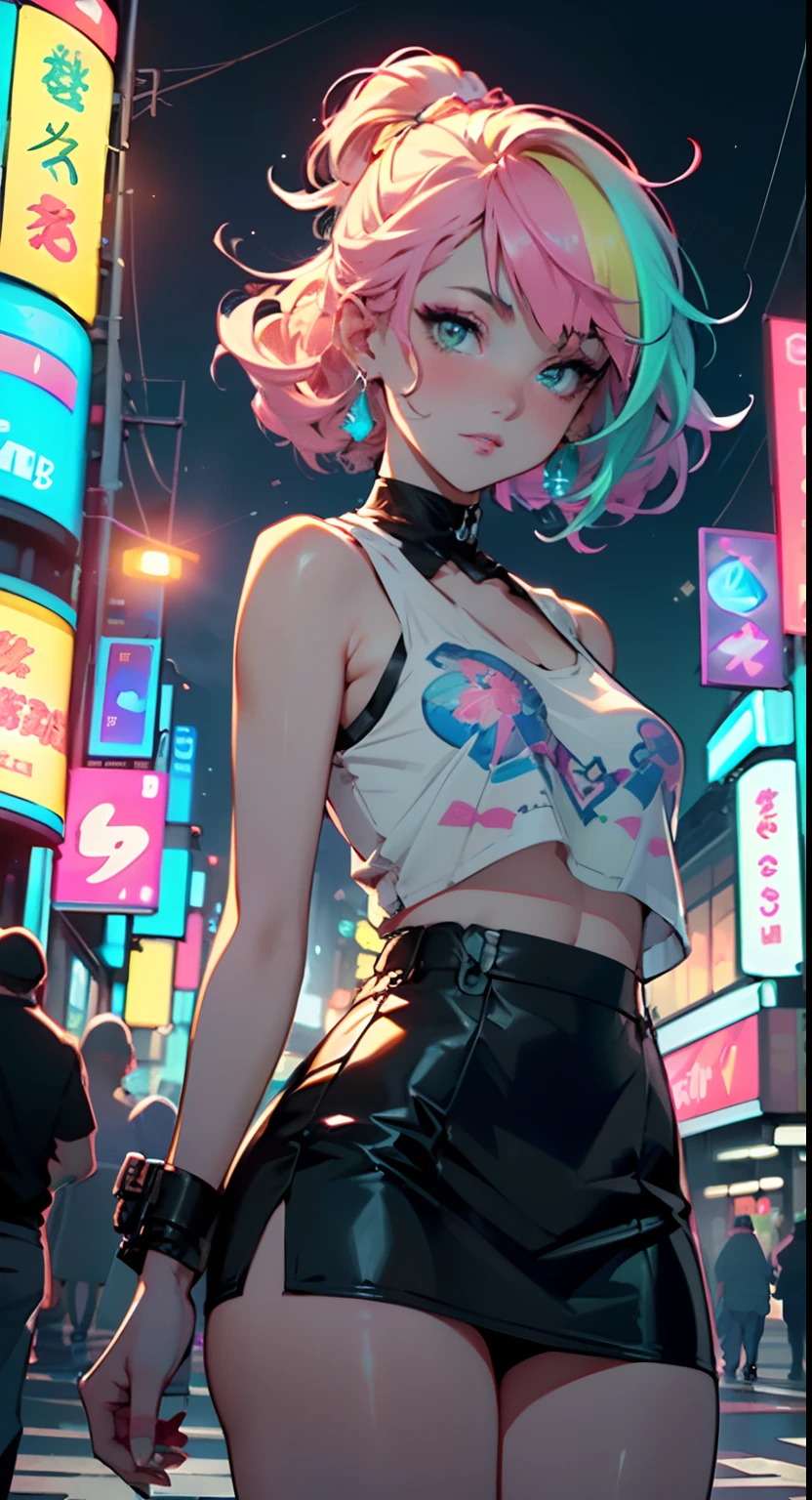 (((1girl))),((extremely cute and beautiful green curly-haired anime girl walking down the street)),(Masterfully crafted Glow, lens flare), (ultra-detailed), hyper details, (delicate detailed), (intricate details), (cinematic light, best quality Backlights),(bioluminescent hair), (glowing eyes), (Dynamic:1.2), ((makeup)), absolutely eye-catching, prehistoric, dulux, ((caustic)), dynamic angle, (Captivating),

(short breasts:1.4),(((pink-blue multicolored curly hair:1.35,very curly hair,colored inner hair,ear breathing,short hair))),((green eyes:1.3,upturned eyes:1.3,perfect eyes,beautiful detailed eyes,rainbow glows ultra-detailed yellow green eyes:1.1,gradient eyes:1,finely detailed beautiful eyes:1,symmetrical eyes:1,big highlight on eyes:1.2)),sexy,(((lustrous skin:1.5,bright skin: 1.5,shiny skin,very shiny skin,shiny body,plastic glitter skin,exaggerated shiny skin))),delicate detailed fingers,detailed body,detailed arms,human hands,(detailed face)),

cute,slutty,seductive,erotic,(((nsfw))),

zettai ryouiki,revealing clothing,show skin,((rave mini-skirt,visible thong straps,white loose tank top with an anime girl print)),(detailed outfit,detailed clothes),

(dynamic pose:1.0),solo focus,embarrassed,centered,scale to fit dimensions,Rule of thirds,

outdoors,((night view)),(very pretty city neon synthwave,cyberpunk night street Background:1.5,dark sky,thick clouds),future vehicles,((neon lights)),thick clouds,(cyberpunk style,neon lights, (synthwave theme background),  street),(((detailed background:1.25))),

(best quality),(high resolution),(sharp focus),(ultra detailed),(extremely detailed),(extremely high quality artwork),8k_wallpaper,(extremely detailed CG 8k),(very fine 8K CG),((hyper super ultra detailed perfect piece)),flawless,(((masterpiece))),illustration,vibrant colors,(intricate),High contrast,Selective lighting,Double exposure,HDR (High Dynamic Range),Post-processing,Background blur,