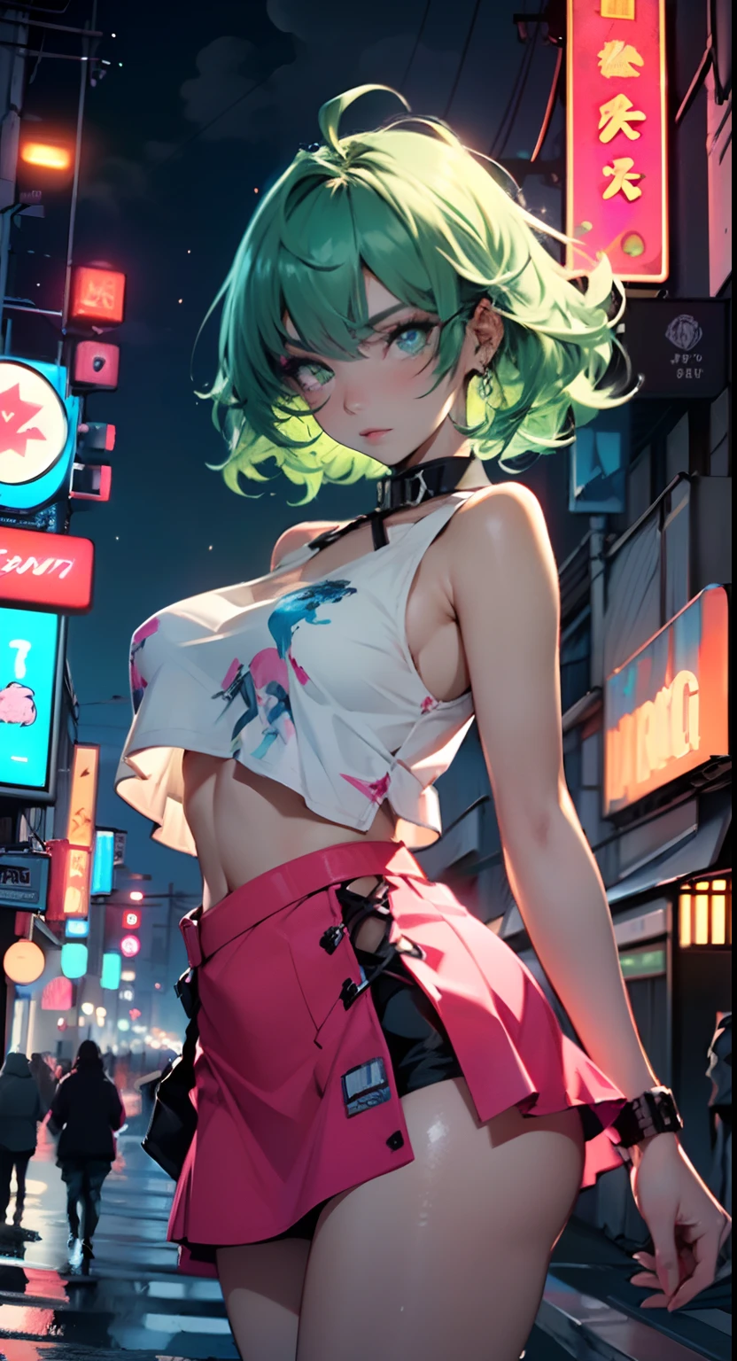 (((1girl))),((extremely cute and beautiful green curly-haired anime girl walking down the street)),(Masterfully crafted Glow, lens flare), (ultra-detailed), hyper details, (delicate detailed), (intricate details), (cinematic light, best quality Backlights),(bioluminescent hair), (glowing eyes), (Dynamic:1.2), ((makeup)), absolutely eye-catching, prehistoric, dulux, ((caustic)), dynamic angle, (Captivating),

(short breasts:1.4),(((pink-blue multicolored curly hair:1.35,very curly hair,colored inner hair,ear breathing,short hair))),((green eyes:1.3,upturned eyes:1.3,perfect eyes,beautiful detailed eyes,rainbow glows ultra-detailed yellow green eyes:1.1,gradient eyes:1,finely detailed beautiful eyes:1,symmetrical eyes:1,big highlight on eyes:1.2)),sexy,(((lustrous skin:1.5,bright skin: 1.5,shiny skin,very shiny skin,shiny body,plastic glitter skin,exaggerated shiny skin))),delicate detailed fingers,detailed body,detailed arms,human hands,(detailed face)),

cute,slutty,seductive,erotic,(((nsfw))),

zettai ryouiki,revealing clothing,show skin,((rave mini-skirt,visible thong straps,white loose tank top with an anime girl print)),(detailed outfit,detailed clothes),

(dynamic pose:1.0),solo focus,embarrassed,centered,scale to fit dimensions,Rule of thirds,

outdoors,((night view)),(very pretty city neon synthwave,cyberpunk night street Background:1.5,dark sky,thick clouds),future vehicles,((neon lights)),thick clouds,(cyberpunk style,neon lights, (synthwave theme background),  street),(((detailed background:1.25))),

(best quality),(high resolution),(sharp focus),(ultra detailed),(extremely detailed),(extremely high quality artwork),8k_wallpaper,(extremely detailed CG 8k),(very fine 8K CG),((hyper super ultra detailed perfect piece)),flawless,(((masterpiece))),illustration,vibrant colors,(intricate),High contrast,Selective lighting,Double exposure,HDR (High Dynamic Range),Post-processing,Background blur,