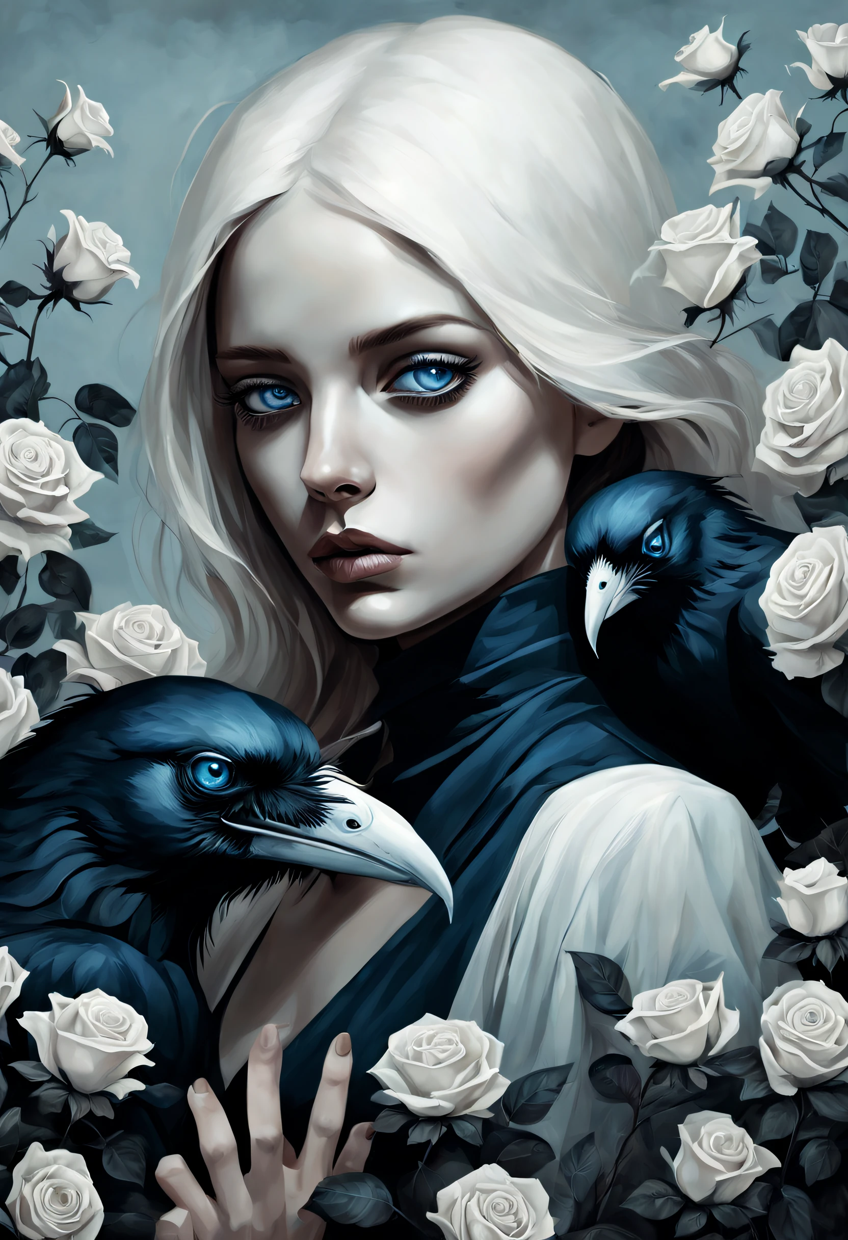 chiaroscuro technique on sensual illustration Illustration art, by IrinaKapi. Surrealism, abstraction, blue eyes girl with white raven and black roses, ultra details oh clothes, best quality, masterpiece, painting, concept art, emotionally, atmospheric, aesthetics of romanticism, represent transformation and the ability to see beyond the surface, hint of dramatic light